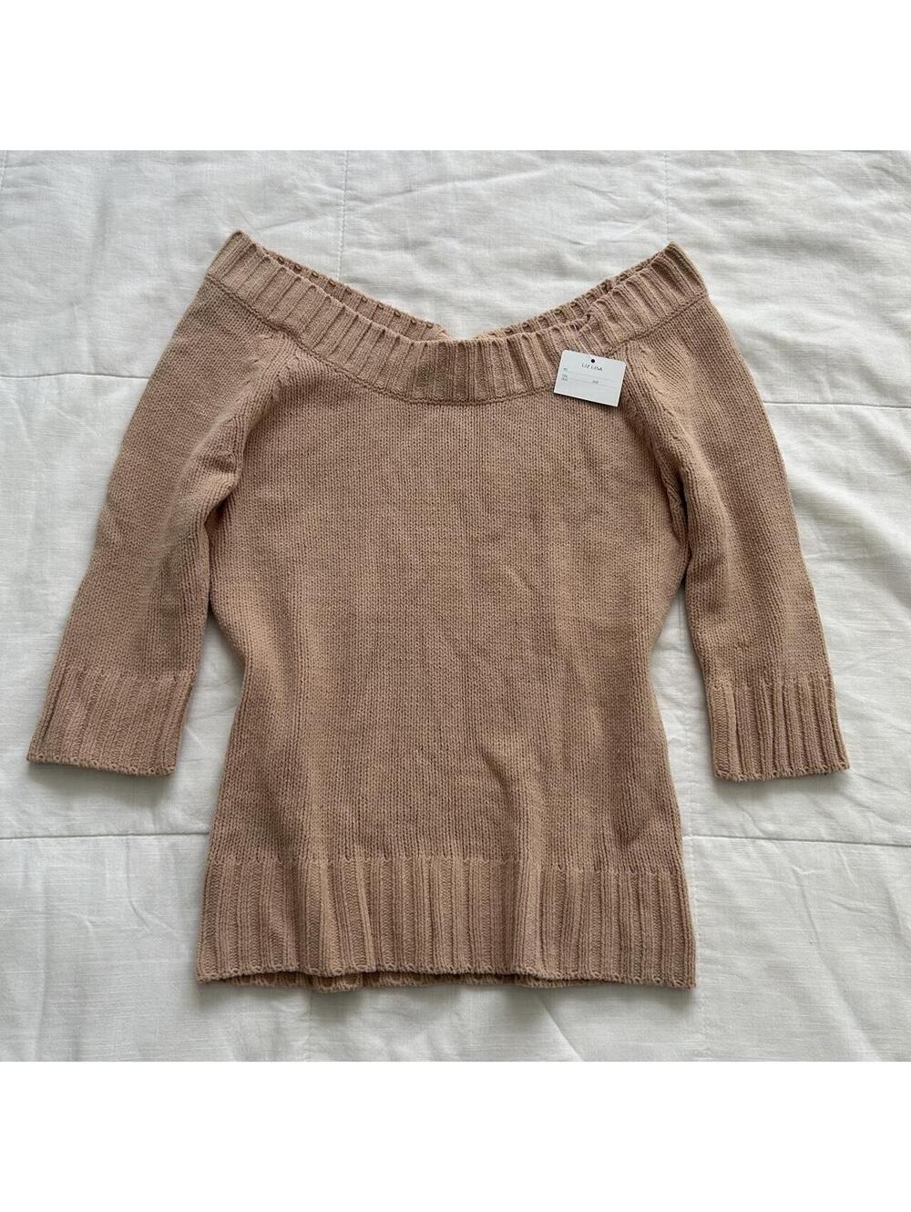 Liz Lisa Knit Sweater Taupe Brown Wide Scoop Neck 3/4 Sleeve Small Japan